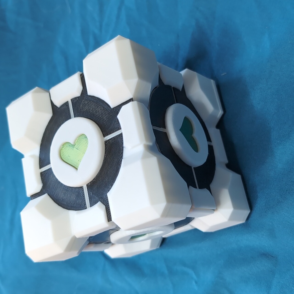 White and Black Geometric Cube with Green Heart Companion Cube 🧊